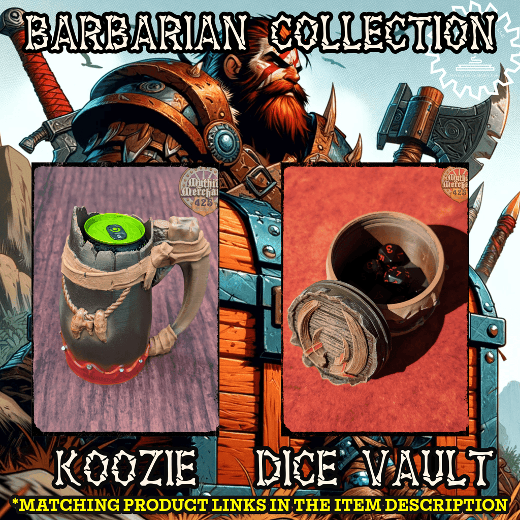 Barbarian 3D Printed Koozie & Can Holder | Custom Stein | RPG Dice Jail | D20 Dice Vault | Mythic Mugs by Ars Moriendi 3D- Unleash Fury!!! - Black / Non Threaded-No Lid