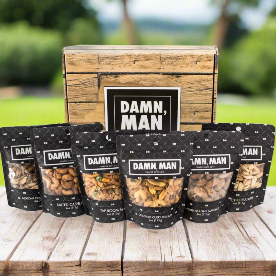 Manly Mixed Nuts Box – 6 Gourmet Nut Varieties | Handcrafted & Kettle-Cooked Snacks