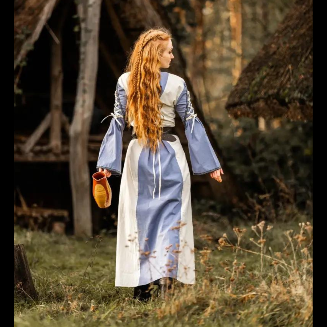 Vestido Vikingo con Bordes y Cordones - Natural y Azul