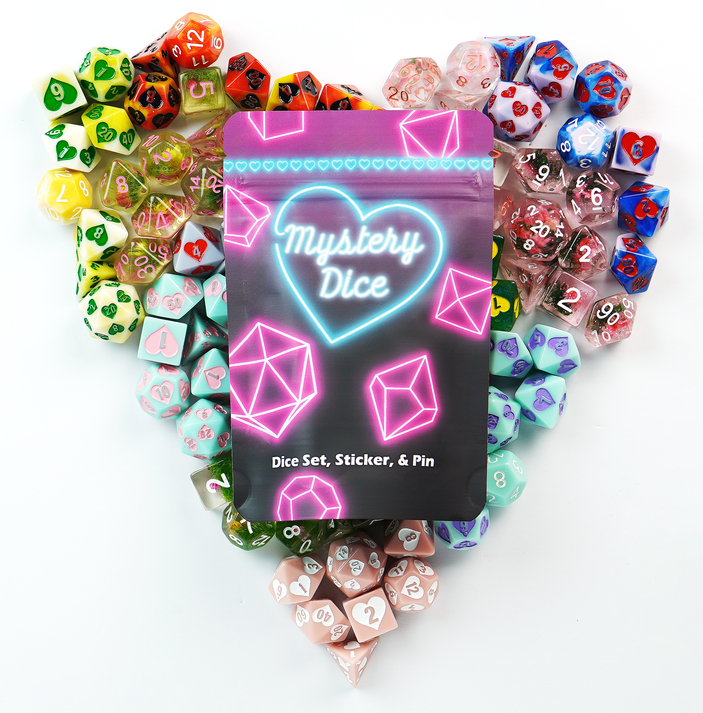 Sweetheart Mystery Dice 6 Pack – Love Themed Dice, Pins, and Stickers! No Duplicates!