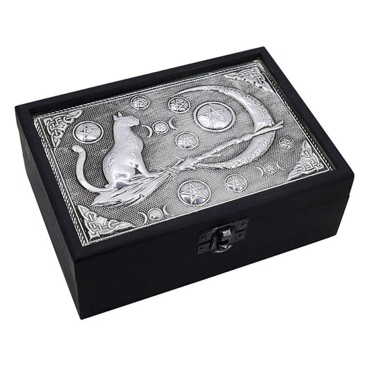 Velvet Lined Metal Top Wooden Box - Crescent Moon w/Cat & Broom - 