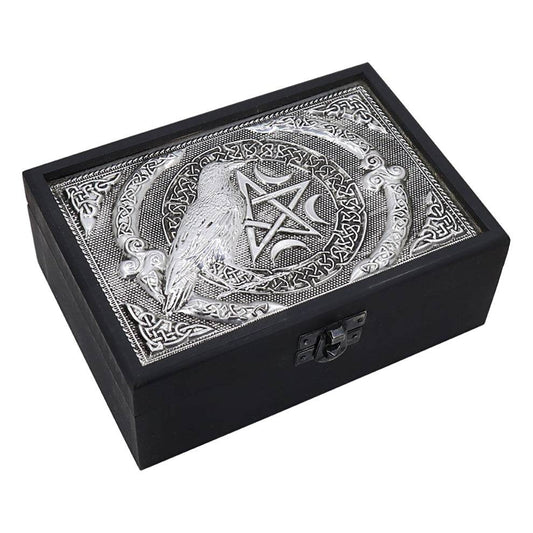 Velvet Lined Metal Top Wooden Box - Raven w/ Pentacle - 