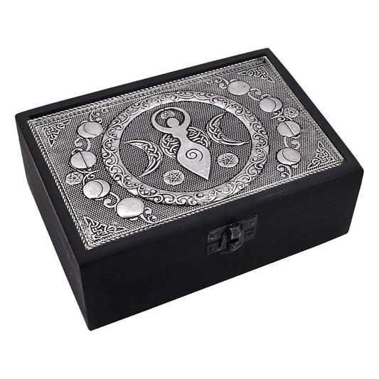 Velvet Lined Metal Top Wooden Box - Triple Moon Goddess - 