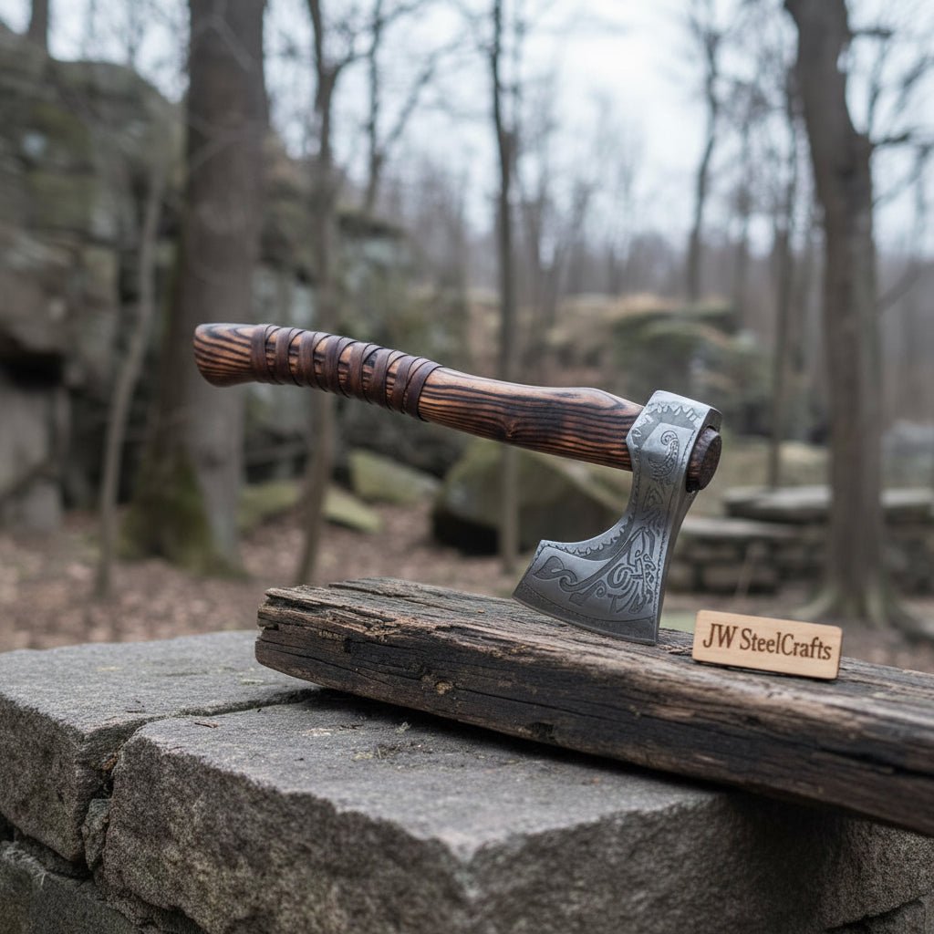 Hand-Forged Carbon Steel Viking Axe | Carved Ash Wood Handle | Leather Wrap Grip | JW SteelCrafts