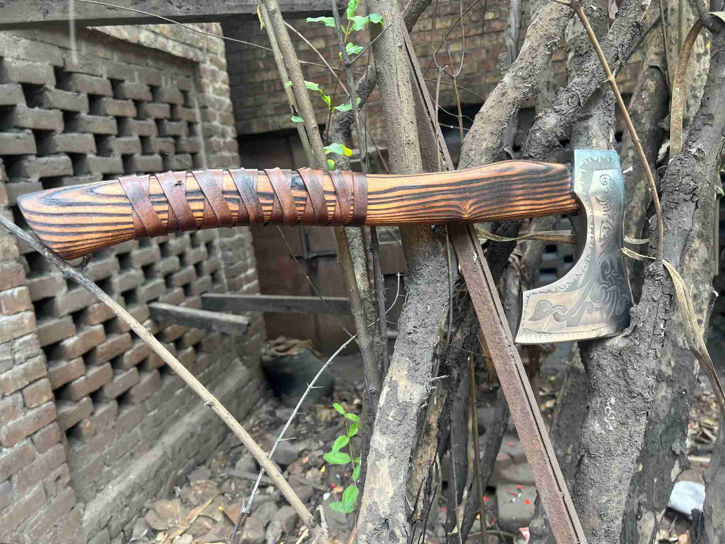 Hand-Forged Carbon Steel Viking Axe | Carved Ash Wood Handle | Leather Wrap Grip | JW SteelCrafts