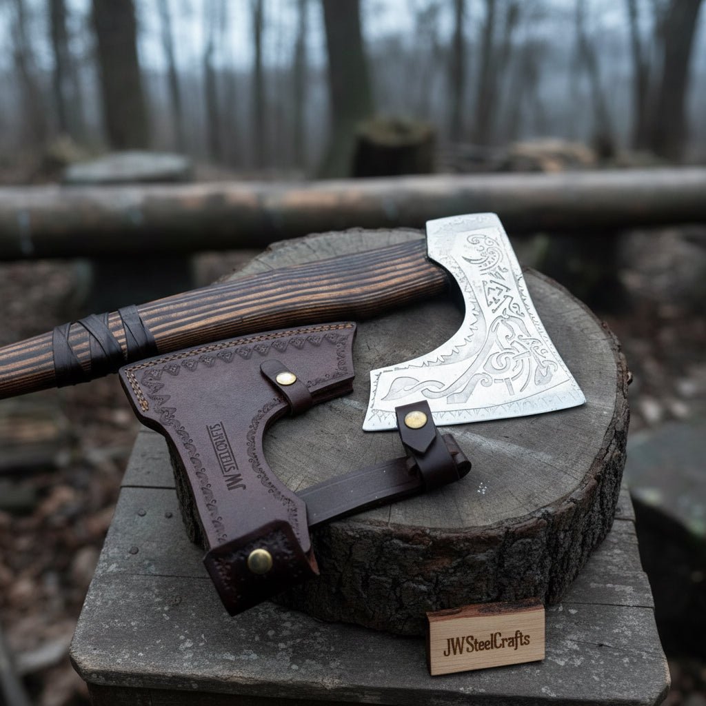 Hand-Forged Carbon Steel Viking Axe | Carved Ash Wood Handle | Leather Wrap Grip | JW SteelCrafts