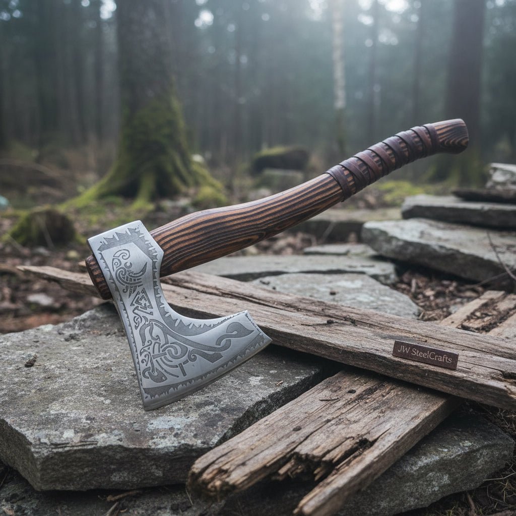 Hand-Forged Carbon Steel Viking Axe | Carved Ash Wood Handle | Leather Wrap Grip | JW SteelCrafts
