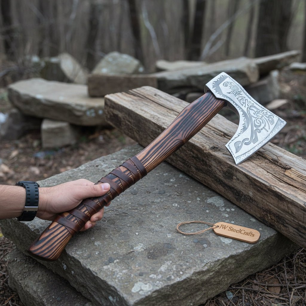 Hand-Forged Carbon Steel Viking Axe | Carved Ash Wood Handle | Leather Wrap Grip | JW SteelCrafts