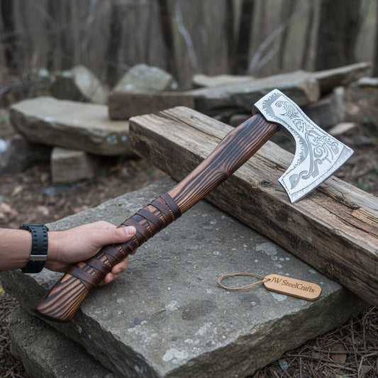Hand-Forged Carbon Steel Viking Axe | Carved Ash Wood Handle | Leather Wrap Grip | JW SteelCrafts