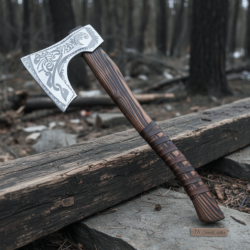 Hand-Forged Carbon Steel Viking Axe | Carved Ash Wood Handle | Leather Wrap Grip | JW SteelCrafts