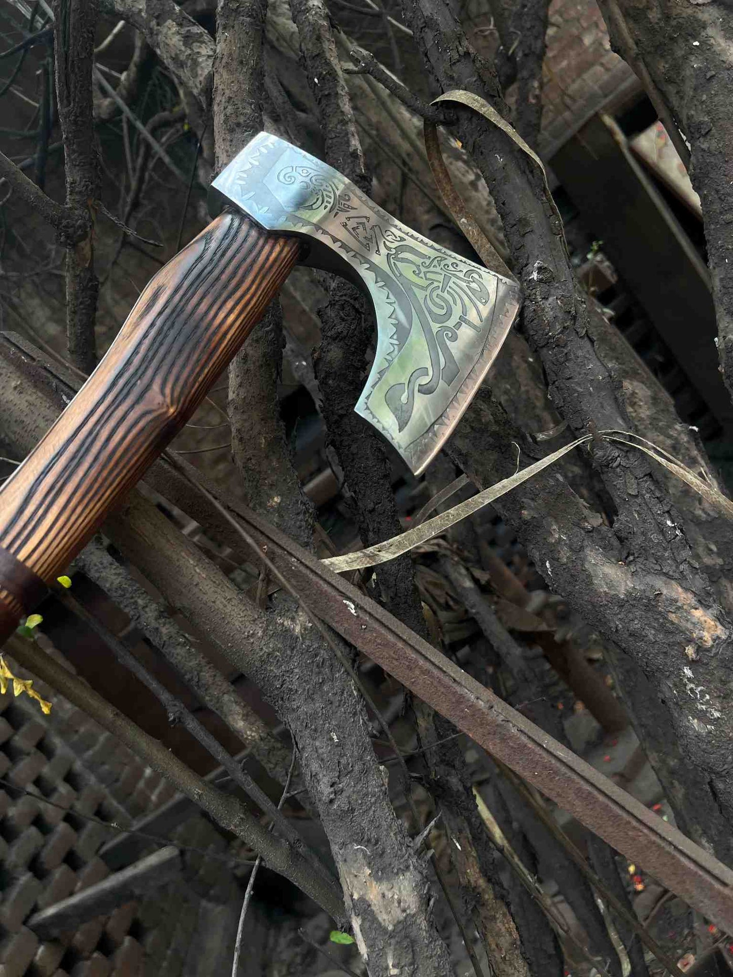 Hand-Forged Carbon Steel Viking Axe | Carved Ash Wood Handle | Leather Wrap Grip | JW SteelCrafts