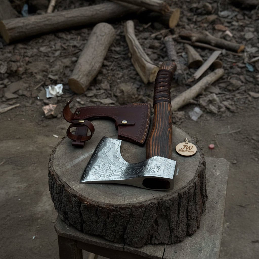 Hand-Forged Carbon Steel Viking Axe | Carved Ash Wood Handle | Leather Wrap Grip | JW SteelCrafts