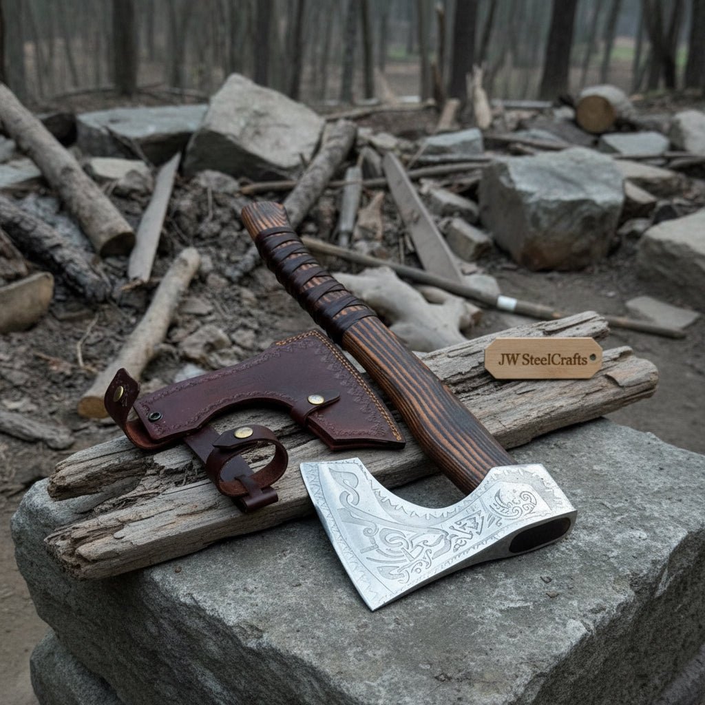 Hand-Forged Carbon Steel Viking Axe | Carved Ash Wood Handle | Leather Wrap Grip | JW SteelCrafts