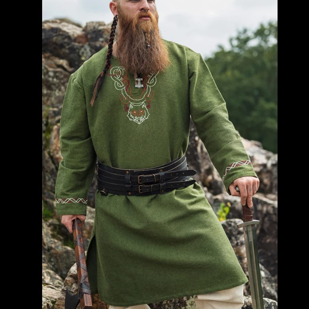 Tunique Viking verte avec broderie Fenrir Wolf | Manche longue