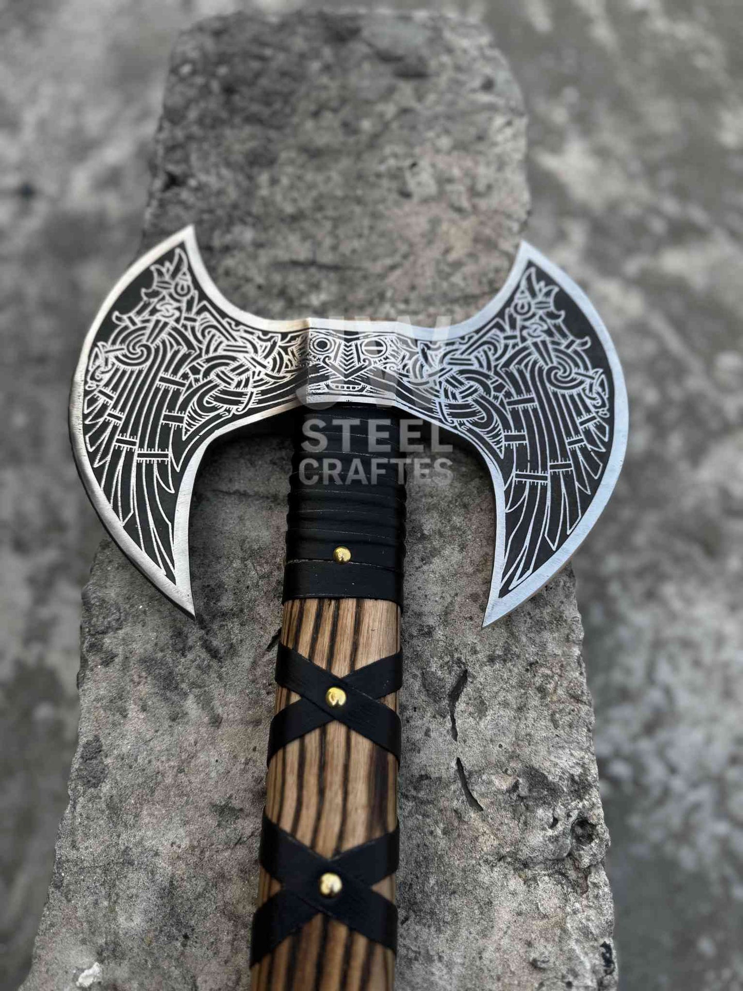 Hand-Engraved Double-Headed Nordic Inspired Decorative Axe