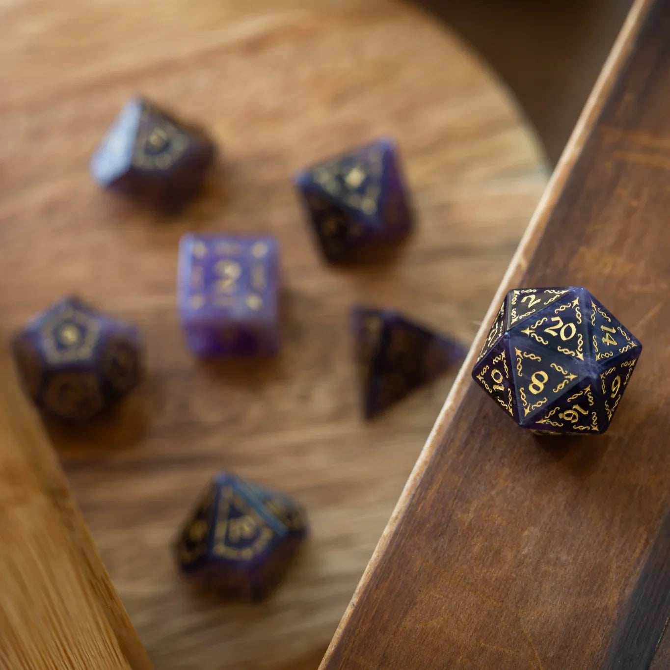 Vine Spike Gemstone Purple Amethyst DND Dice Set - Full Set And Free Dice Box