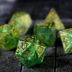 Vine Spike Green Fluorite Gemstone DND Dice Set - Full Set And Free Dice Box