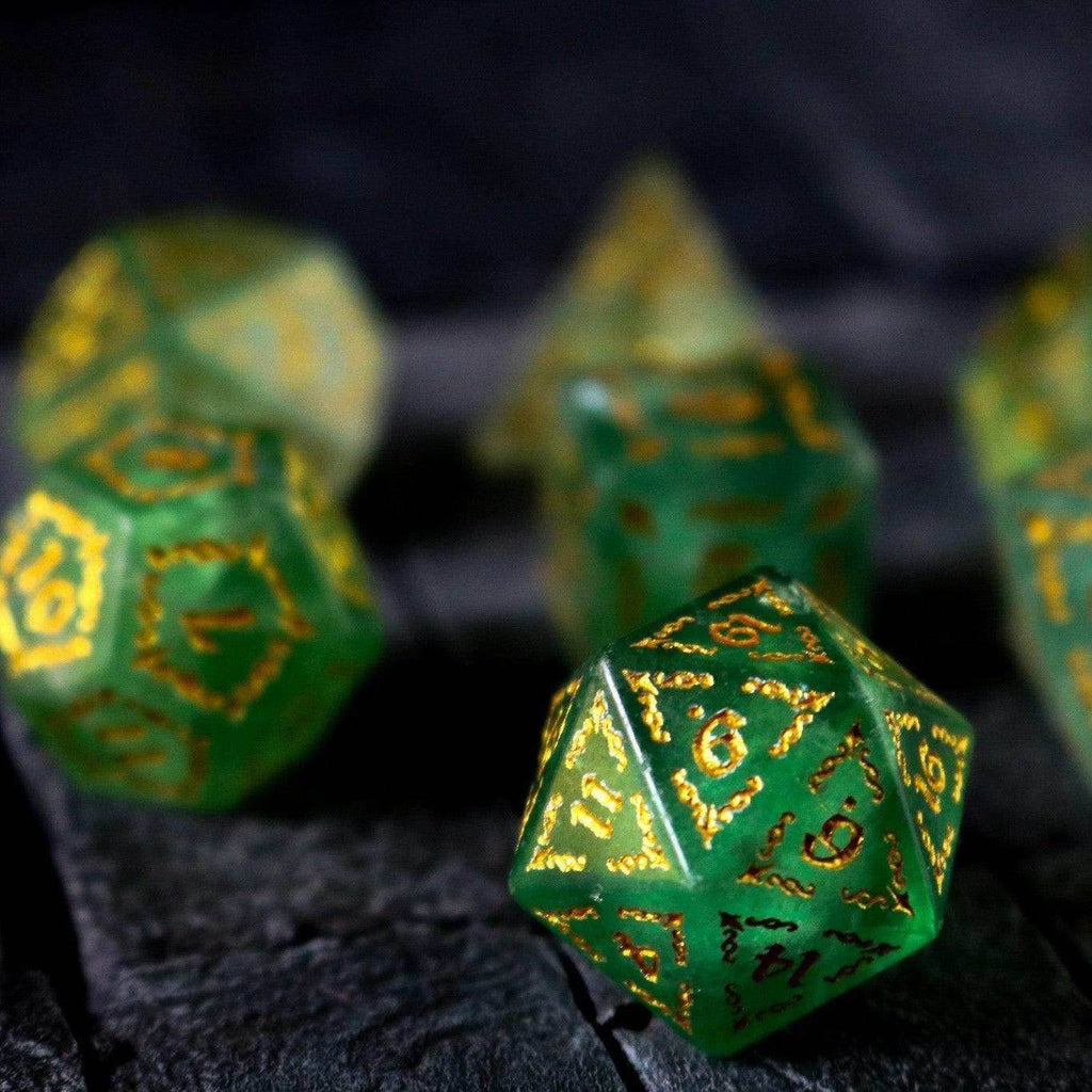 Vine Spike Green Fluorite Gemstone DND Dice Set - Full Set And Free Dice Box
