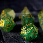 Vine Spike Green Fluorite Gemstone DND Dice Set - Full Set And Free Dice Box
