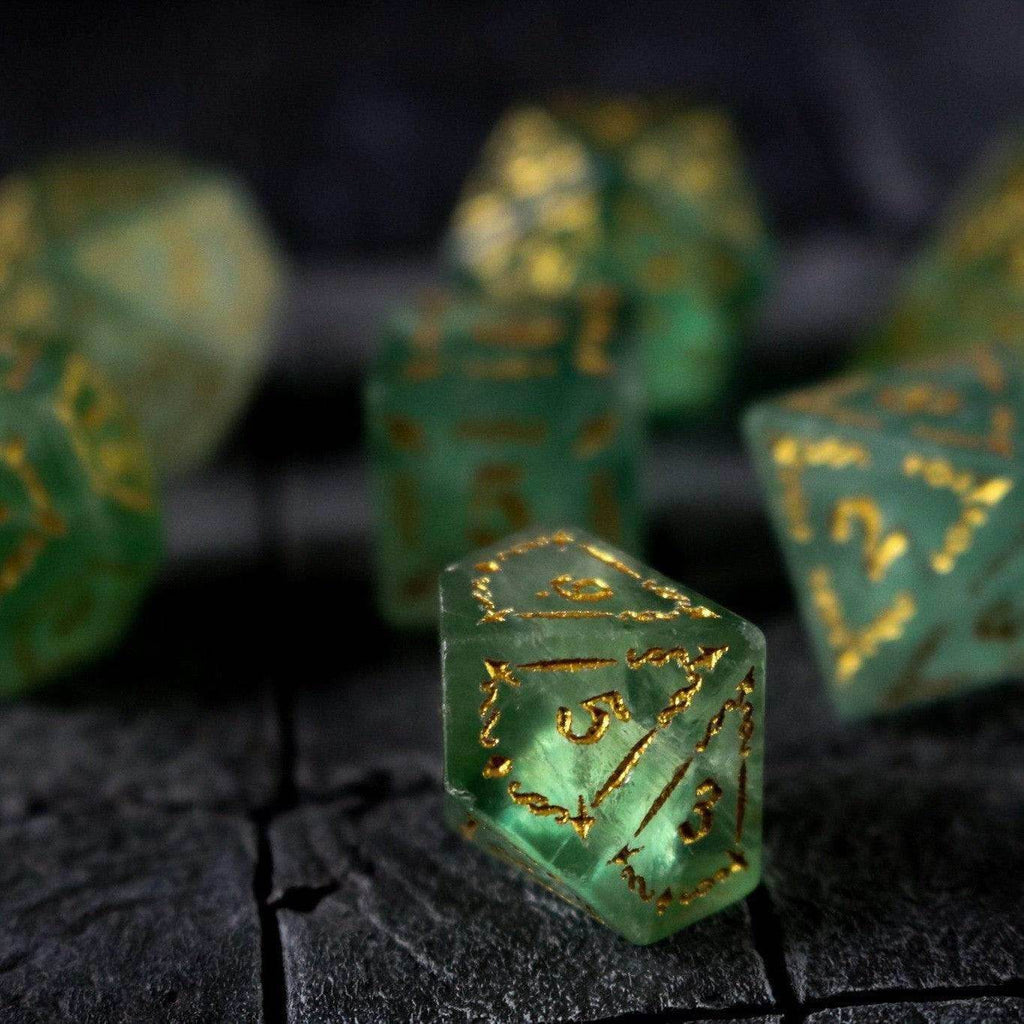 Vine Spike Green Fluorite Gemstone DND Dice Set - Full Set And Free Dice Box