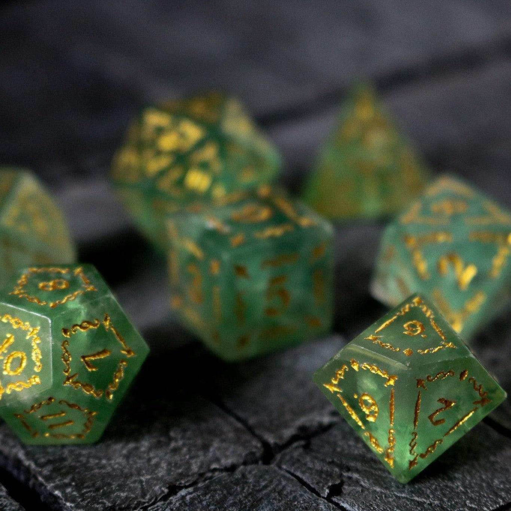 Vine Spike Green Fluorite Gemstone DND Dice Set - Full Set And Free Dice Box
