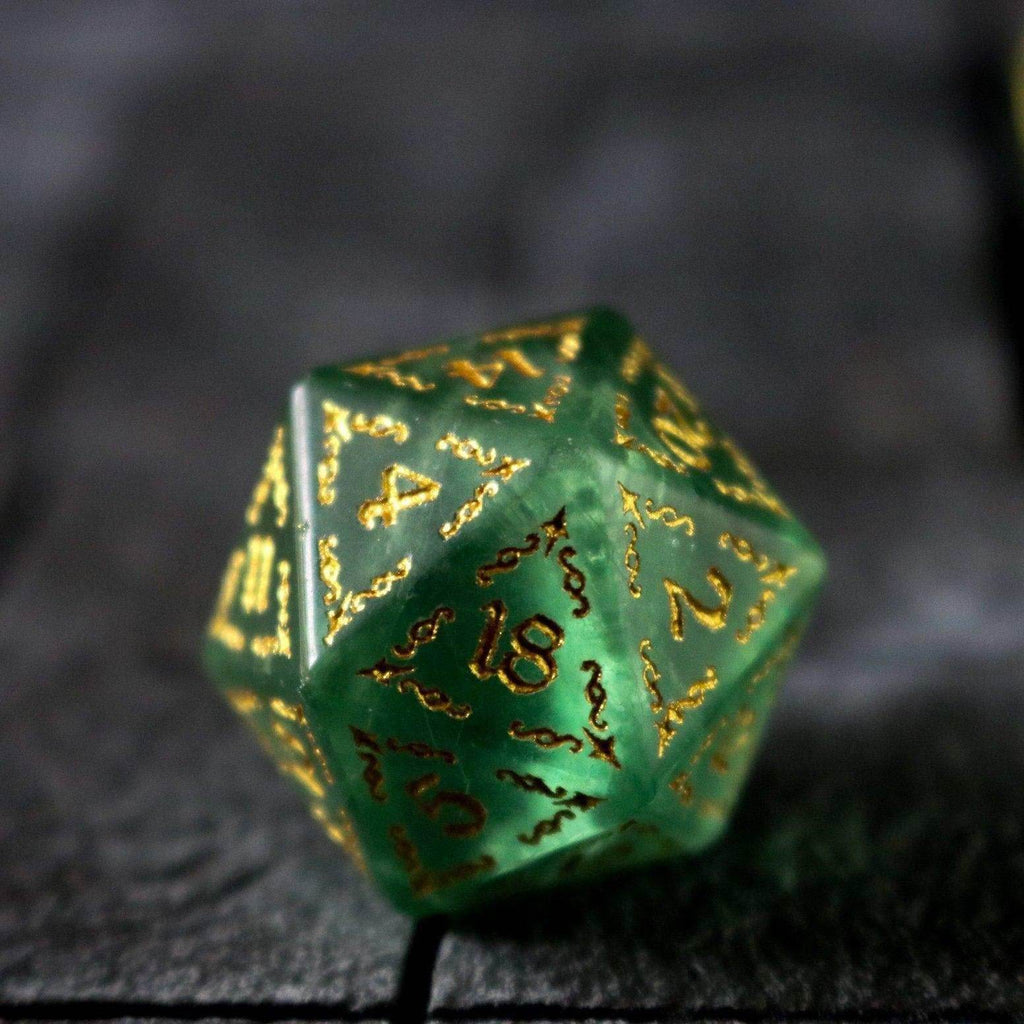 Vine Spike Green Fluorite Gemstone DND Dice Set - Full Set And Free Dice Box