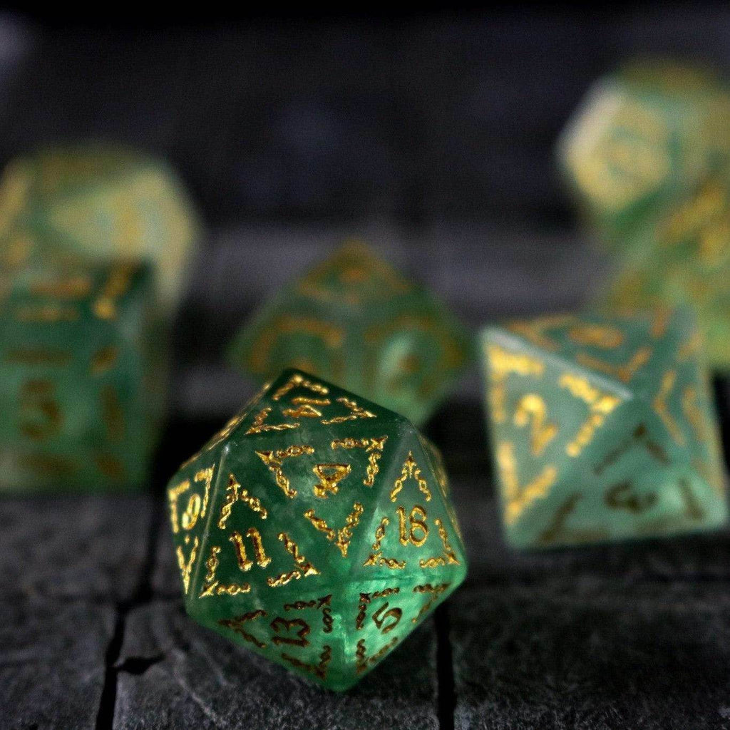 Vine Spike Green Fluorite Gemstone DND Dice Set - Full Set And Free Dice Box