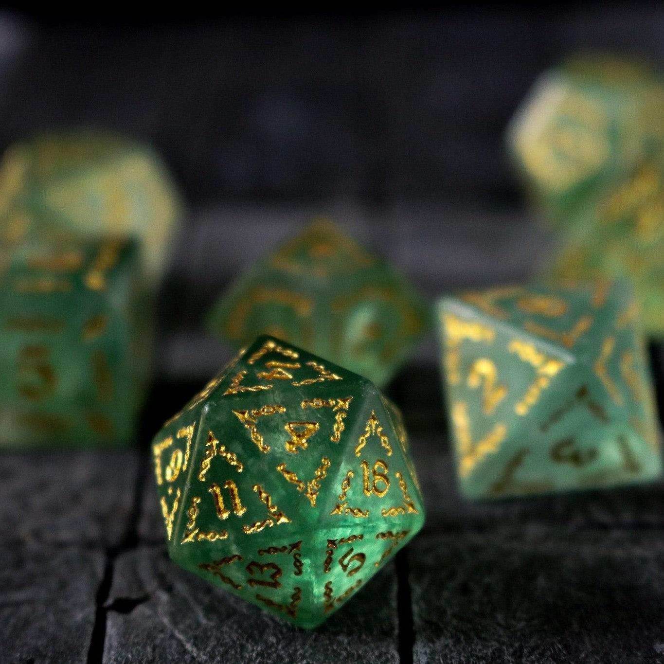 Vine Spike Green Fluorite Gemstone DND Dice Set - Full Set And Free Dice Box