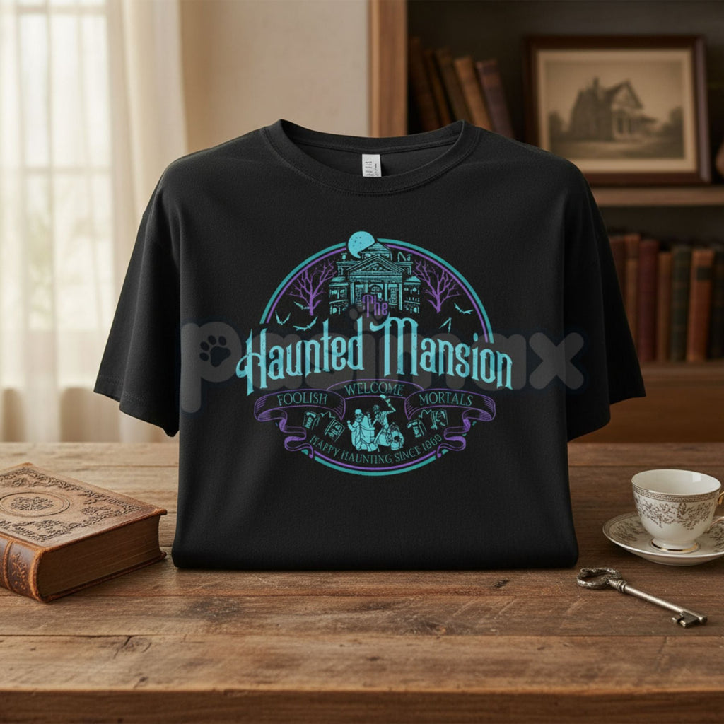 Vintage Haunted Mansion Hitchhiking Ghosts T-Shirt - Retro Halloween "Welcome Foolish Mortals" Tee, Premium 100% Cotton Disney Vacation Top, Funny Spooky Family Trip Shirt, Classic 999 Happy Haunts Graphic, Soft Lived-In Heavyweight Theme Park Apparel