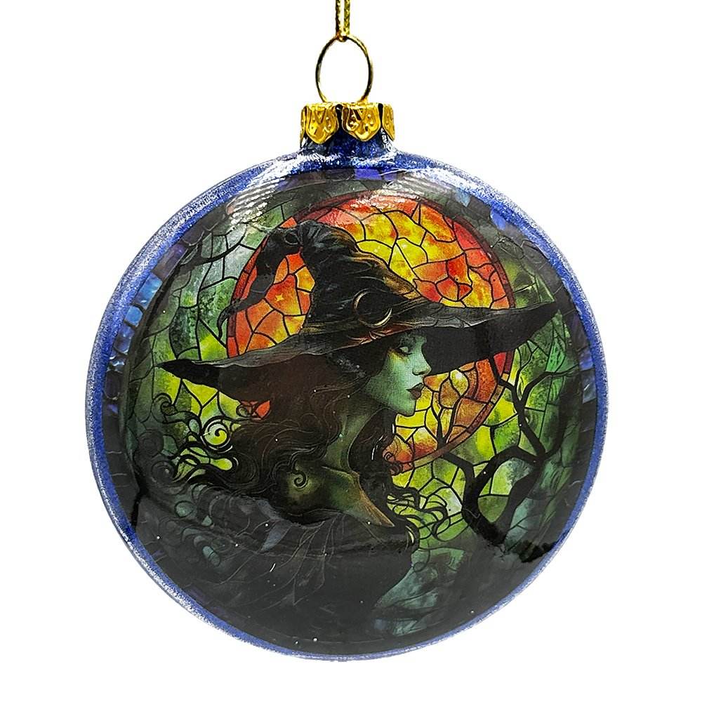 Witch and Black Cat Stained Glass Handblown Ornament, Spooky Halloween and Christmas Tree Decor - 
