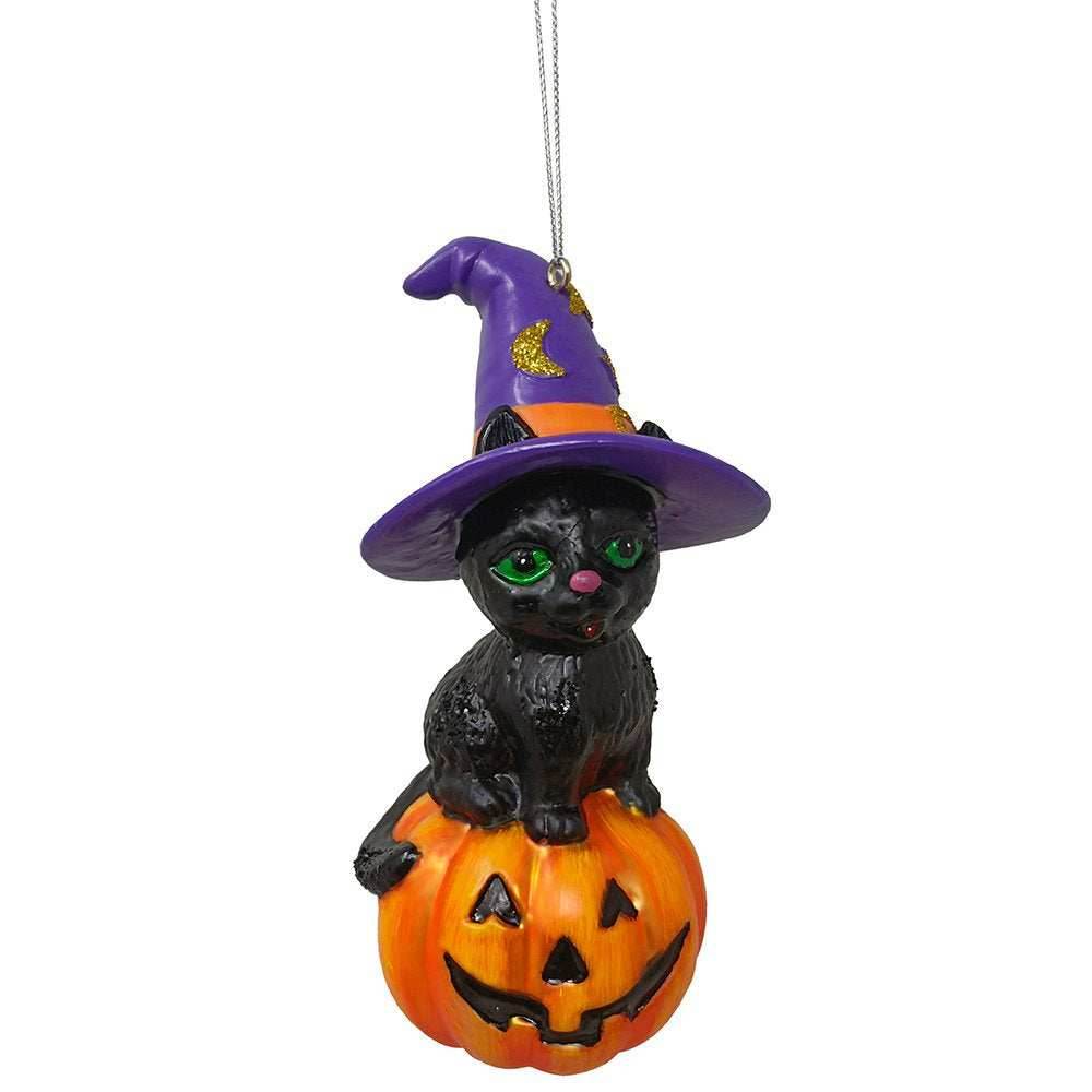 Black Cat on Pumpkin Spooky Glass Christmas Ornament, Witch Hat Halloween Theme - 