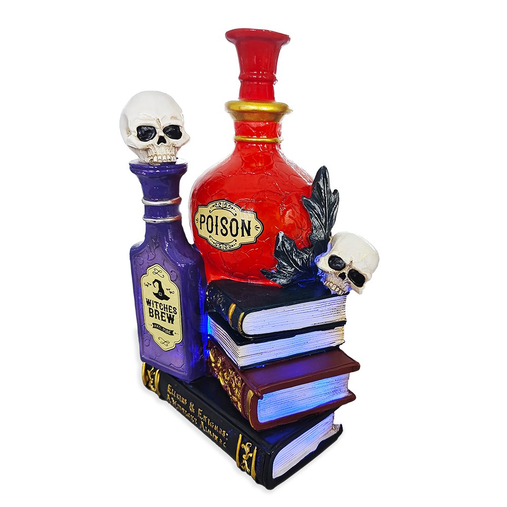 Sorcerer’s Syrups Spooky Lighted Figurine, 8" Potions Poisons and Books Halloween Statue