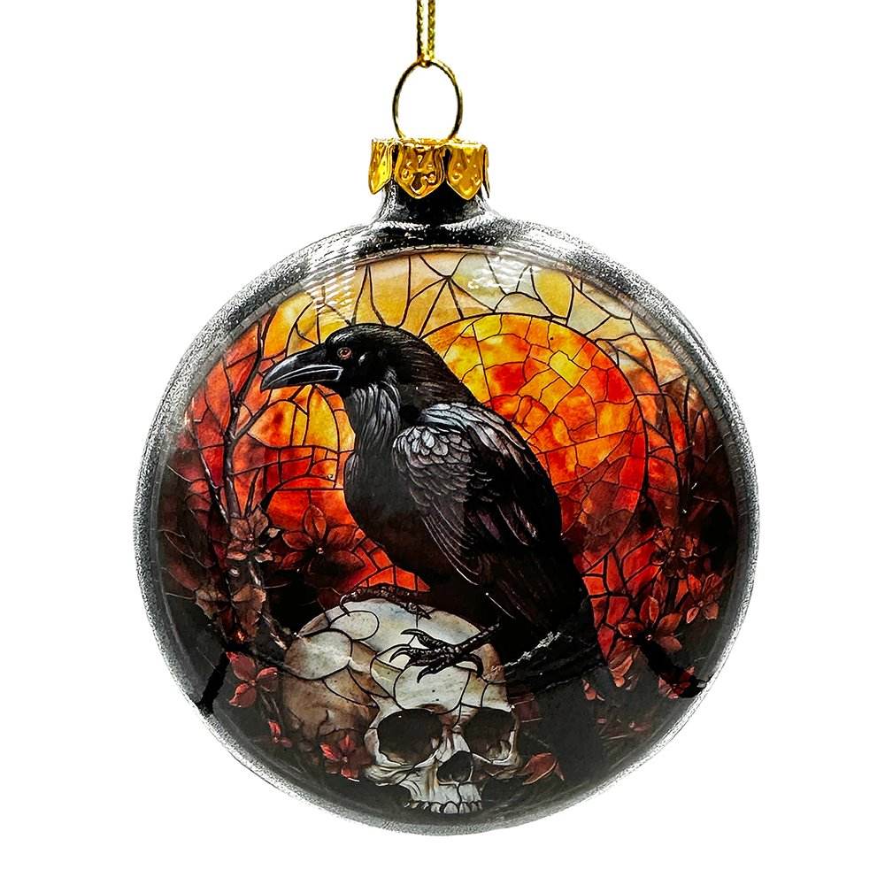Creepy Stained Glass Skeleton and Raven Haunted Ornament, Halloween Horror and Christmas Tree Decor - 