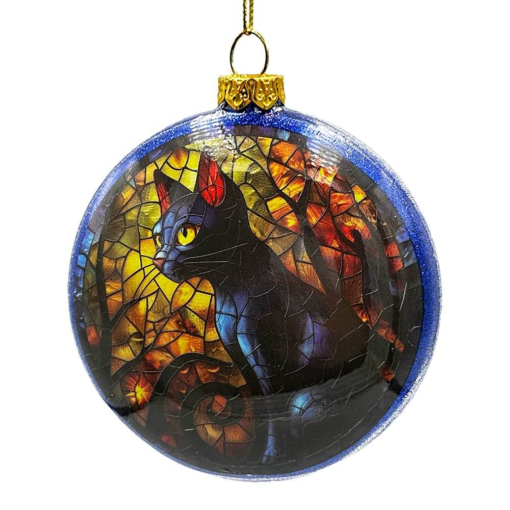 Witch and Black Cat Stained Glass Handblown Ornament, Spooky Halloween and Christmas Tree Decor - 