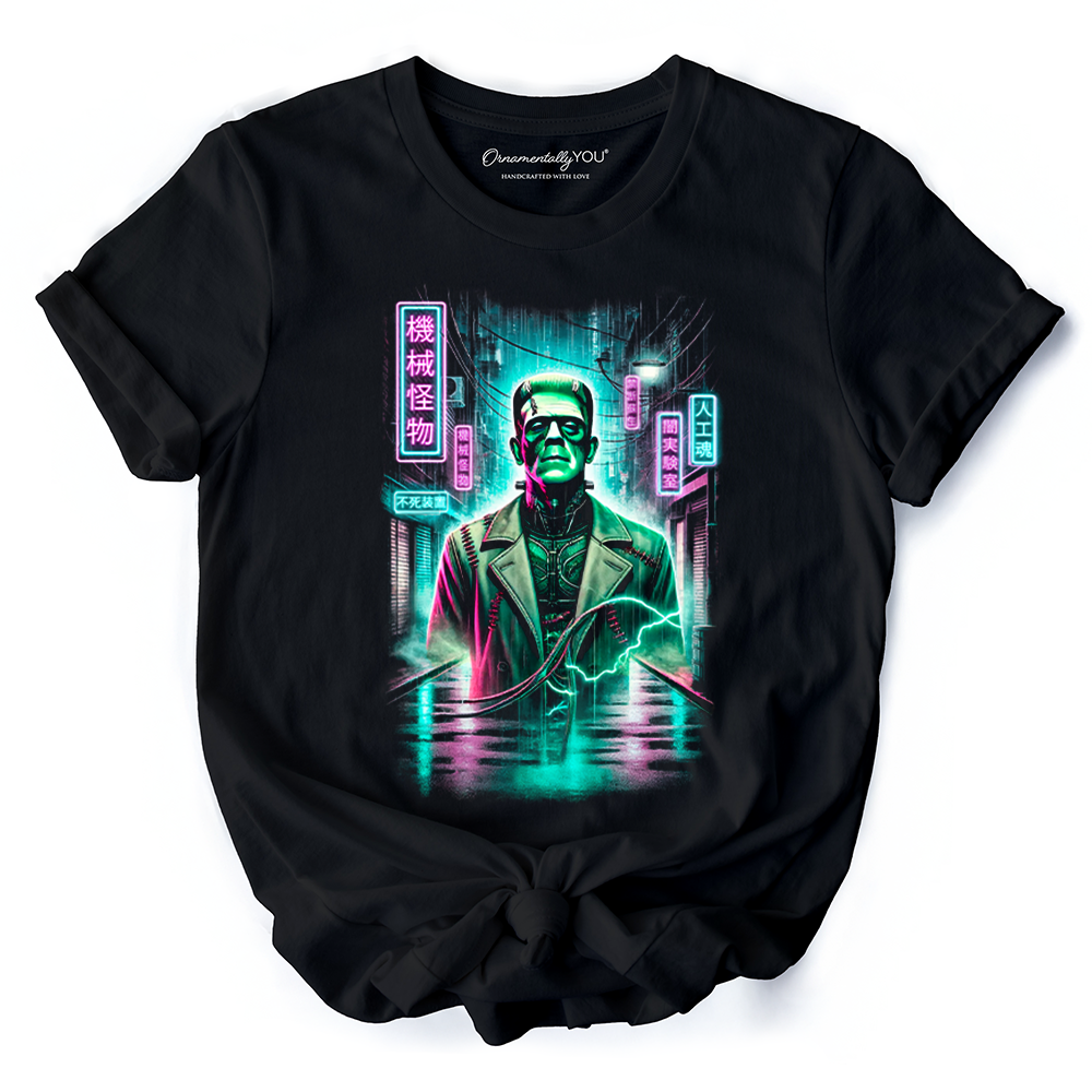 Cyberpunk Frankenstein T‑Shirt, Neon Halloween Monster Tee