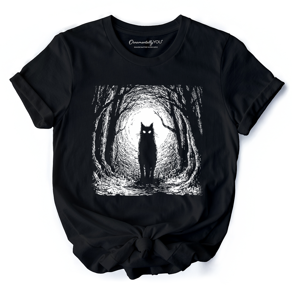 Haunted Forest Black Cat T-Shirt, Spooky Halloween Night Tee
