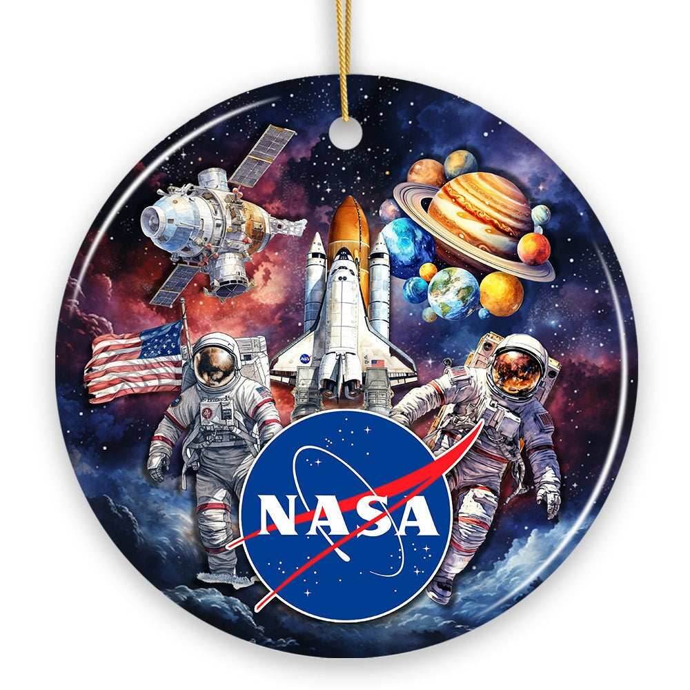 Artistic NASA Handcrafted Christmas Ornament, Astronaut in Outer Space with the Planets - Circle / Version 1