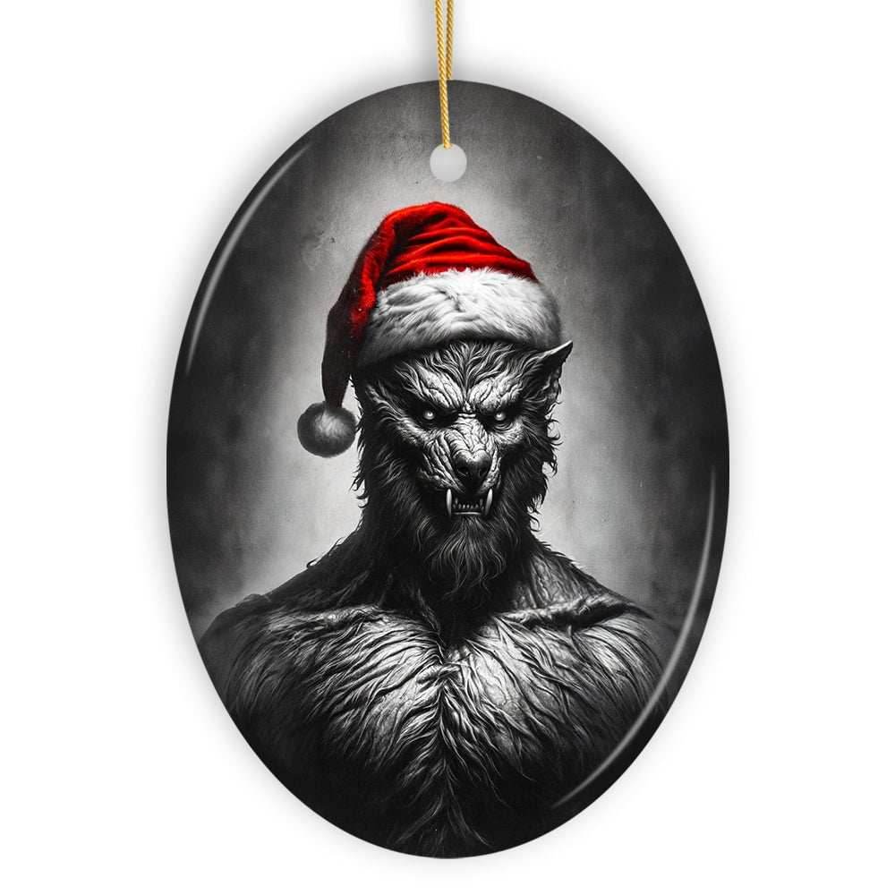 Beastly Werewolf with Santa Hat Ornament, Frightening Holiday Keepsake for Spooky Tree - Oval