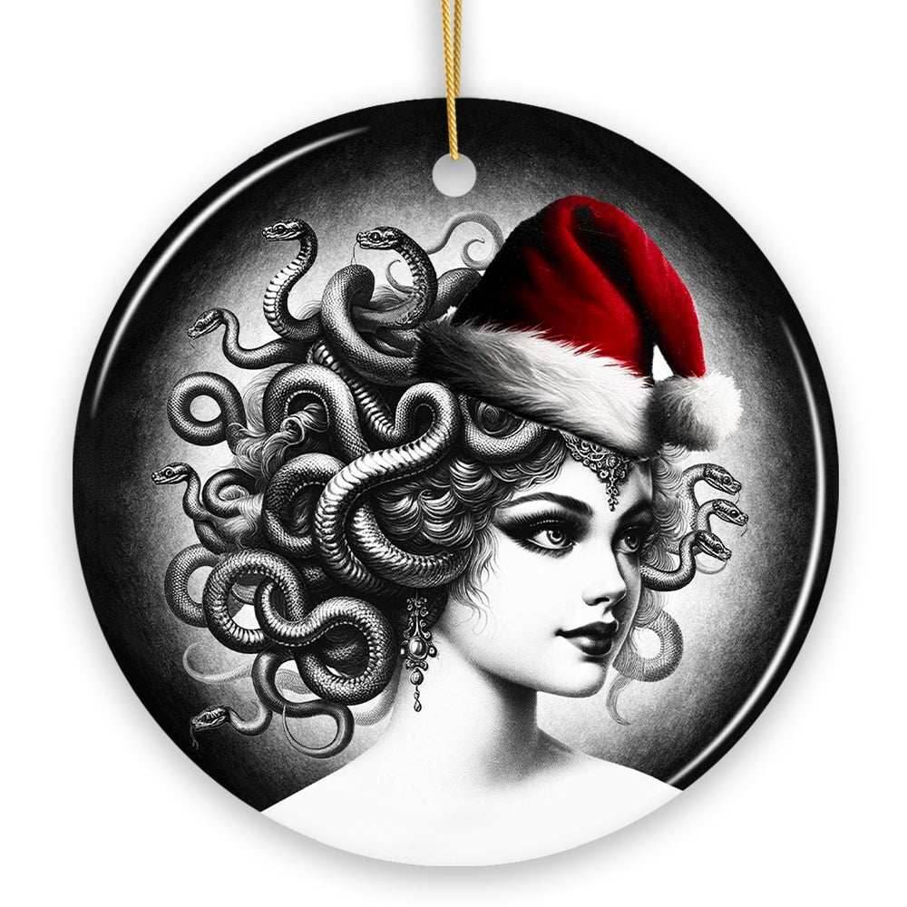 Bewitching Medusa with Santa Hat Ornament, Alluring Christmas Decoration for Halloween Tree Keepsake - Circle