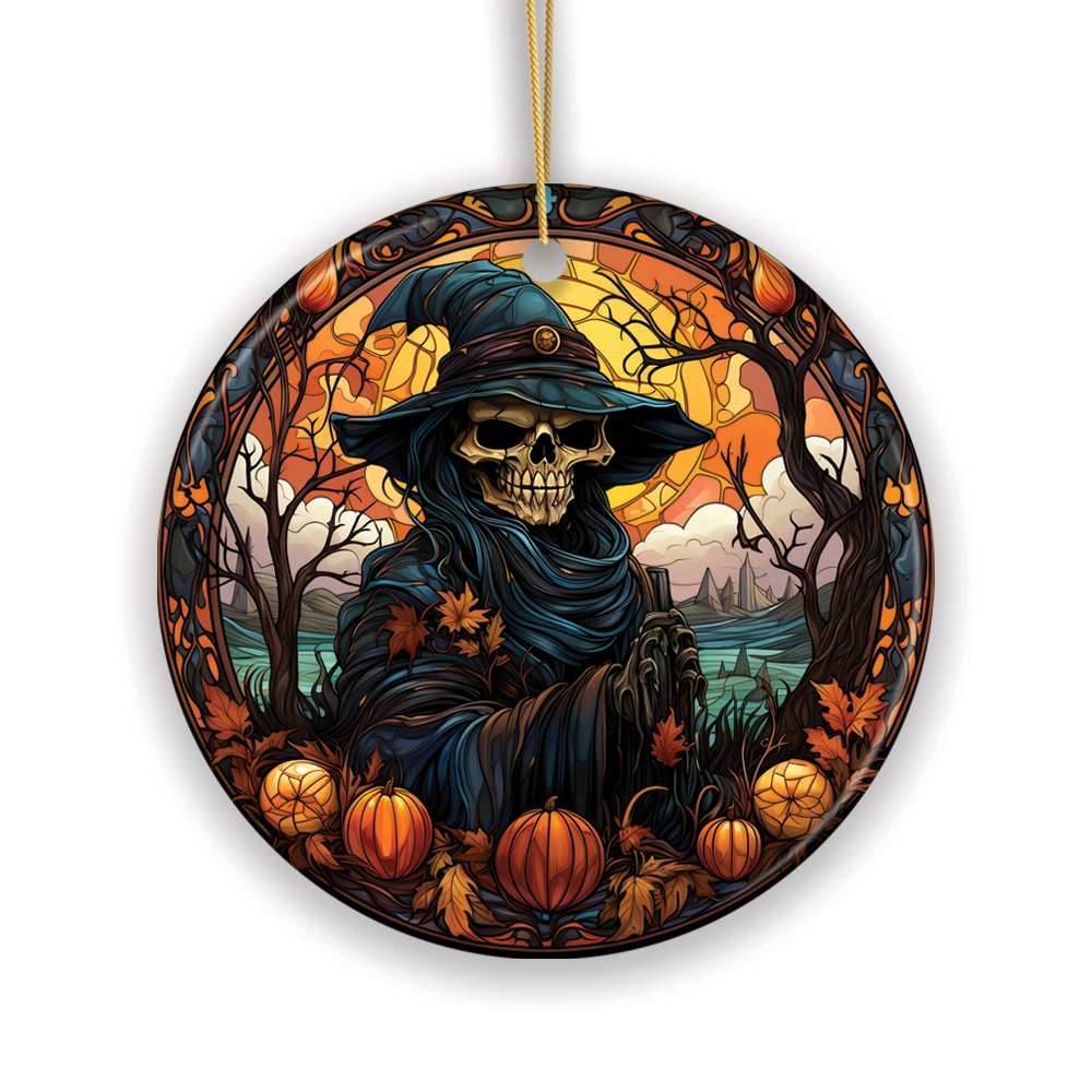 Bewitching Skeletal Sorcery Stained Glass Style Ceramic Ornament, Halloween Themed Christmas Gift and Decor - Circle