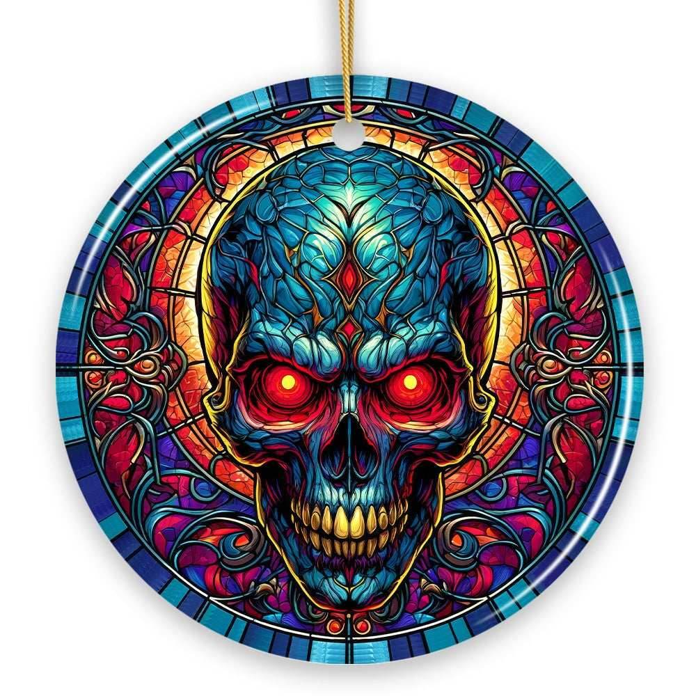 Bone-Chilling Spooky Skull Stained Glass Style Ceramic Ornament, Halloween Themed Christmas Gift and Decor - Circle