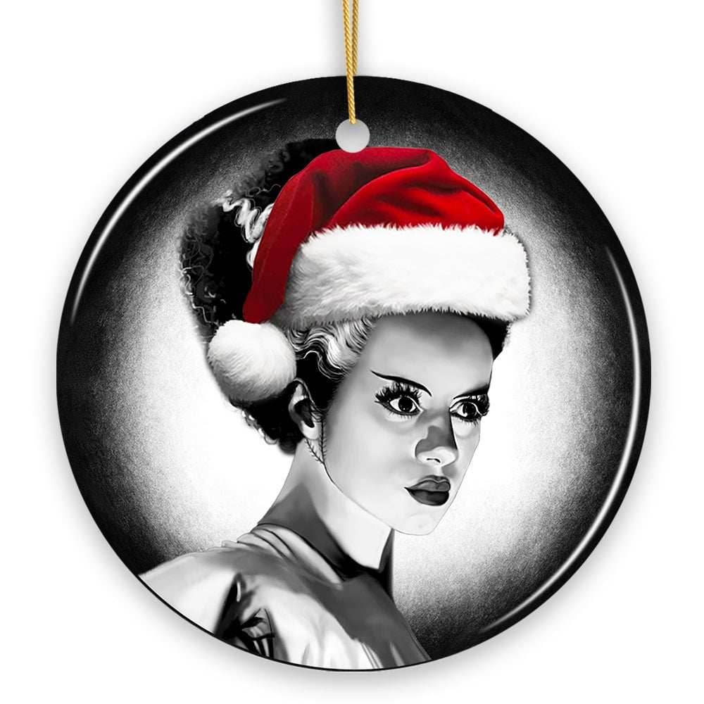 Chilling Bride of Frankenstein Santa Ornament, Gothic Themed Halloween Christmas Gift and Decor - Circle
