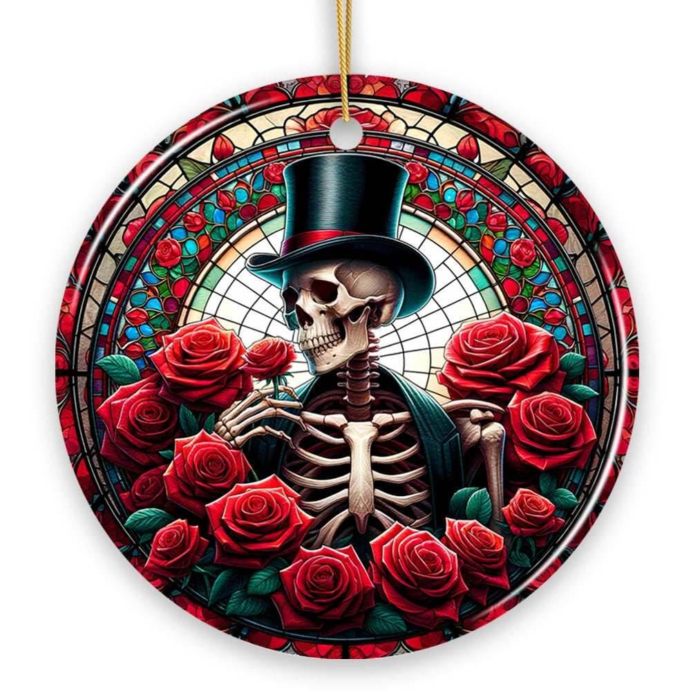 Elegant Bones Top-Hat Skeleton with Roses Stained Glass Style Ceramic Ornament, Halloween Themed Christmas Gift and Decor - Circle