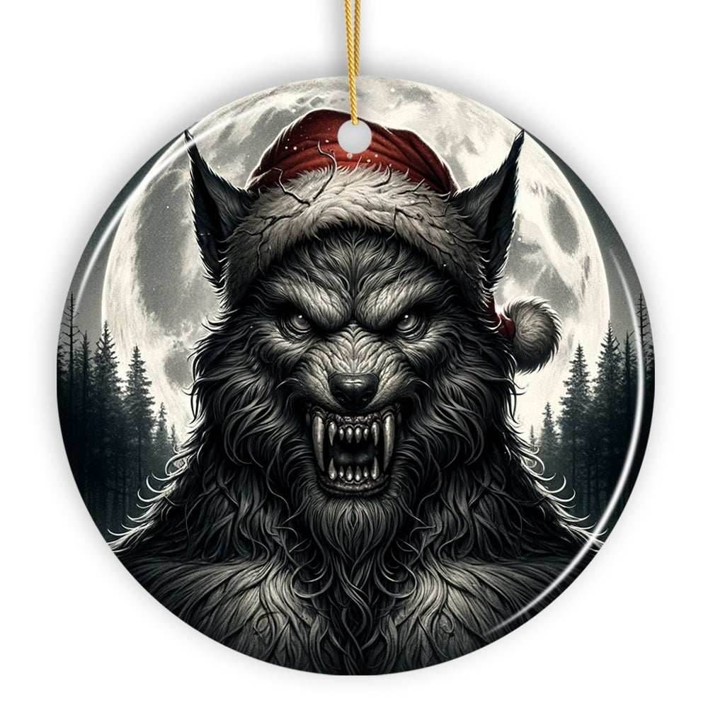 Ferocious Werewolf with Santa Hat Ornament, Terrifying Holiday Gift for Halloween Lovers - Circle / Version 1