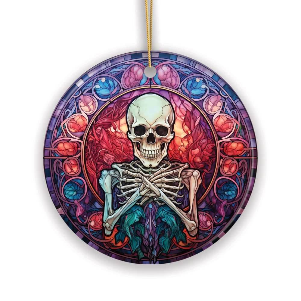 Ghastly Grins Haunted Halloween Skeleton Stained Glass Style Ceramic Ornament, Halloween Themed Christmas Gift - Circle