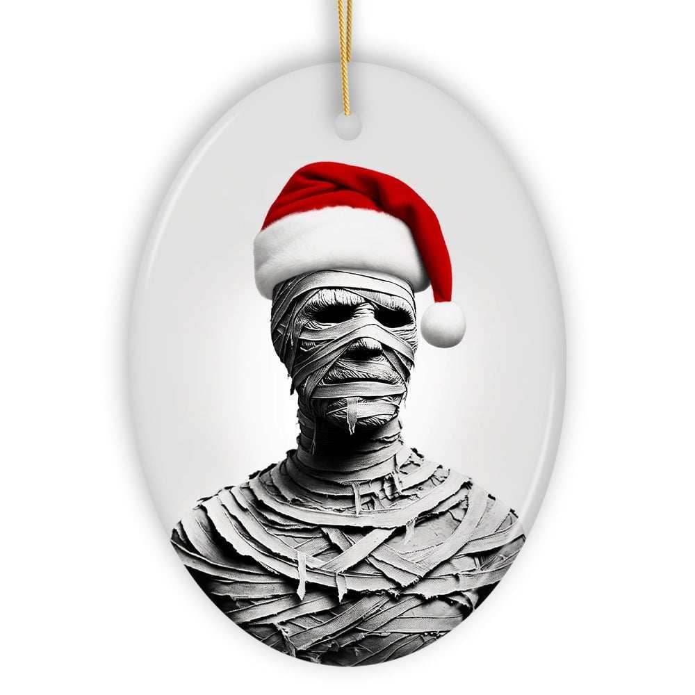 Ghoulish Mummy with Santa Hat Ornament, Sinister Holiday Keepsake for Halloween Lovers - Oval