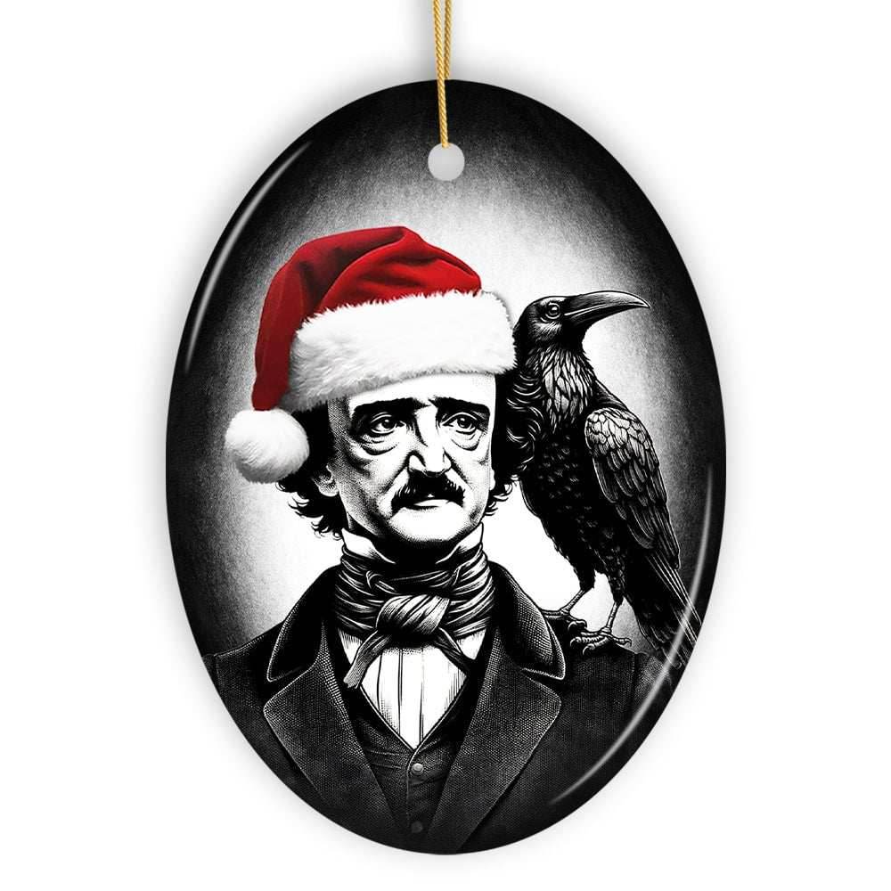 Gothic Edgar Allan Poe with Santa Hat And Raven Ornament, Spooky Halloween Tree Christmas Decor - Circle