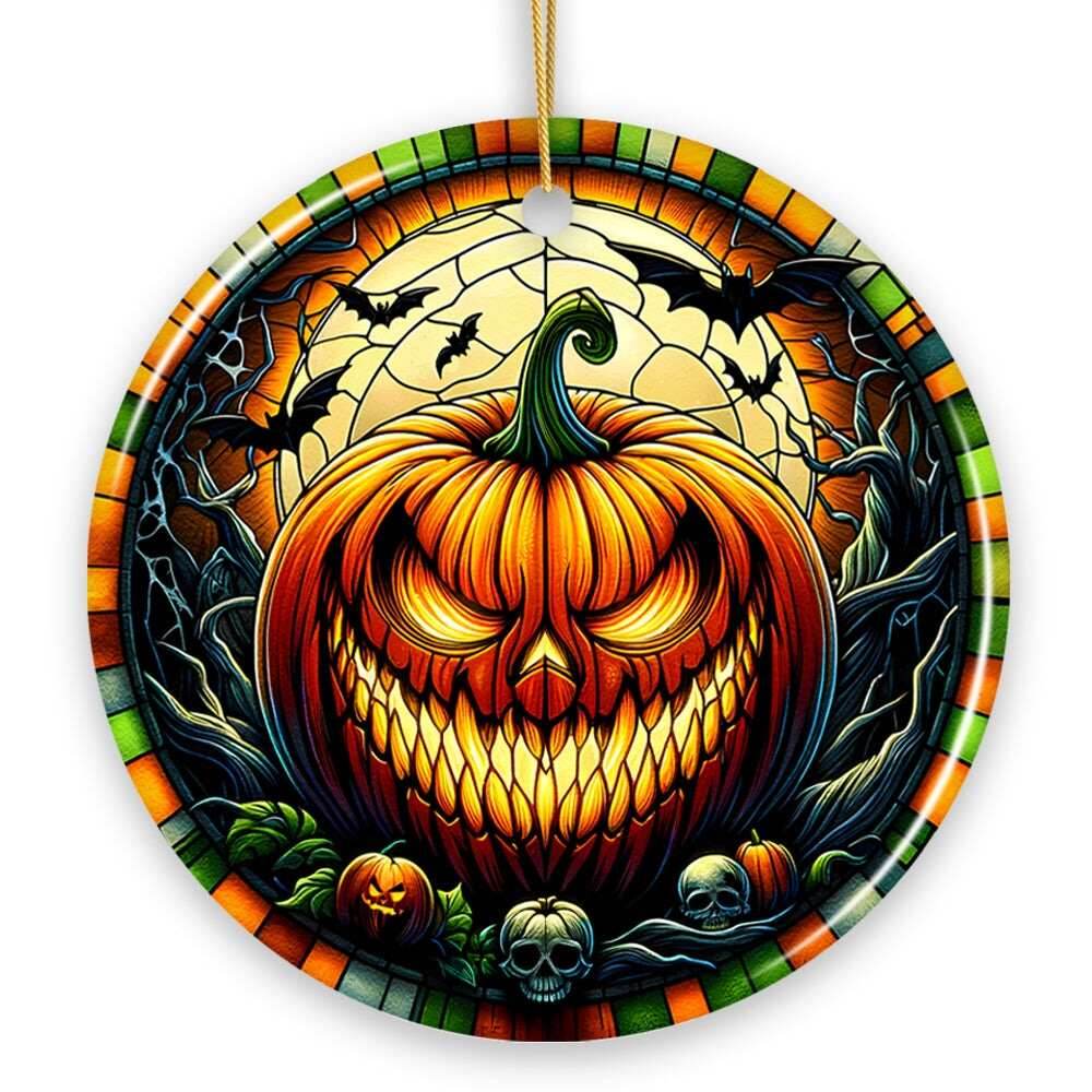 Grim Grinning Gourd Pumpkin Decor Stained Glass Style Ceramic Ornament, Halloween Themed Christmas Gift - Circle