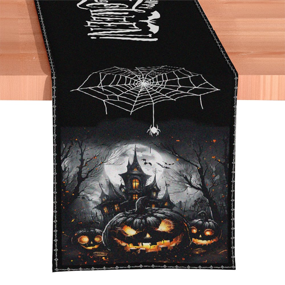Haunted Horrors 72" Table Runner, Jacquard Halloween Home Black Tablecloth Decoration with Pumpkins and Spiderwebs