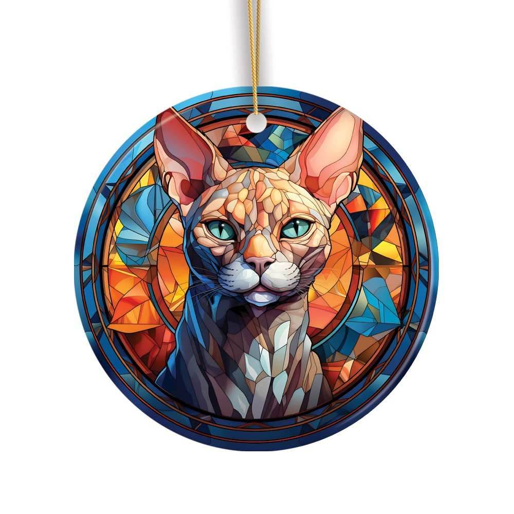 Mystical Feline Bewitching Cat Stained Glass Style Ceramic Ornament, Halloween Themed Christmas Gift and Decor - Circle